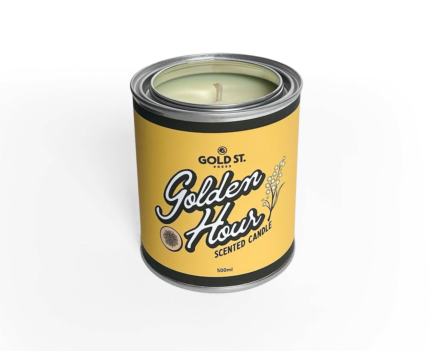 Candle in a can labeled 'Gold St. Co. Golden Hour' on a white background