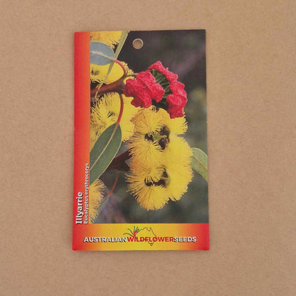 A seed packet for 'Ilvartie' Australian Wildflower Seeds, featuring a vibrant photograph of yellow billy oop flowers and red blossoms on a brown kraft paper background.