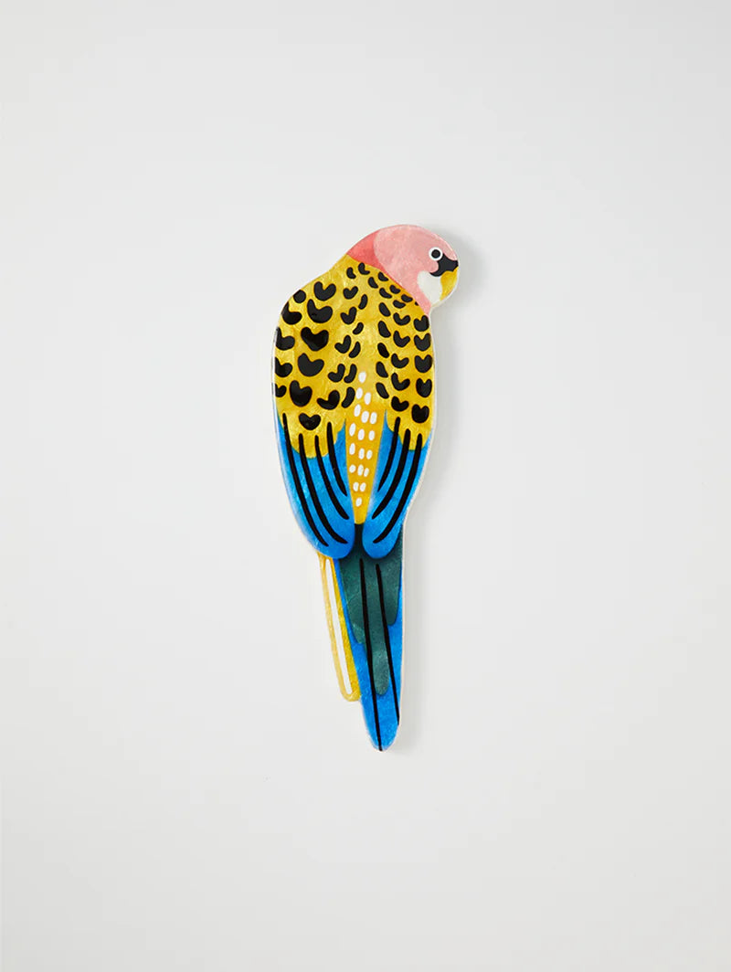 Colorful parrot-shaped object on a white background