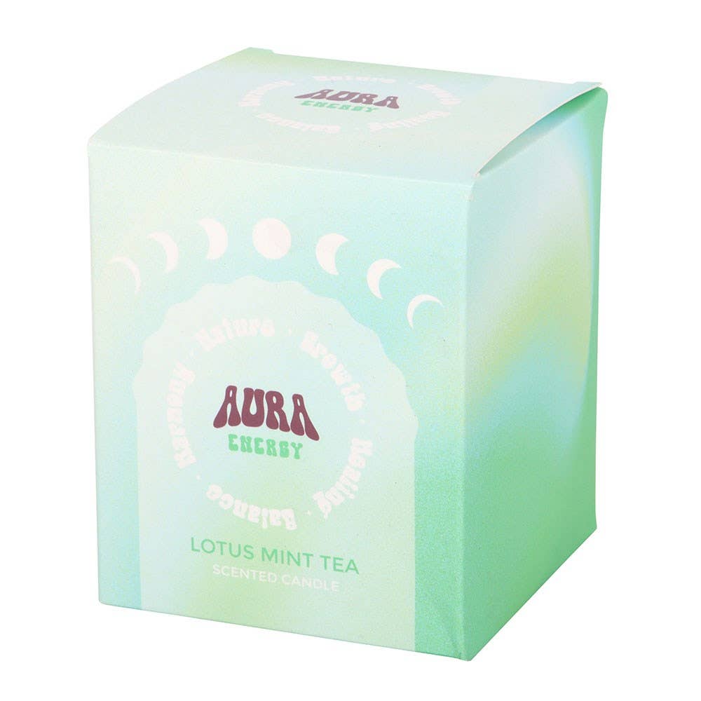 Aqua-colored box of Aura Lotus Mint Tea on a white background
