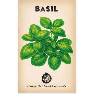 Basil seed packet with green leaves and 'Little Veggie Patch' branding on a beige background