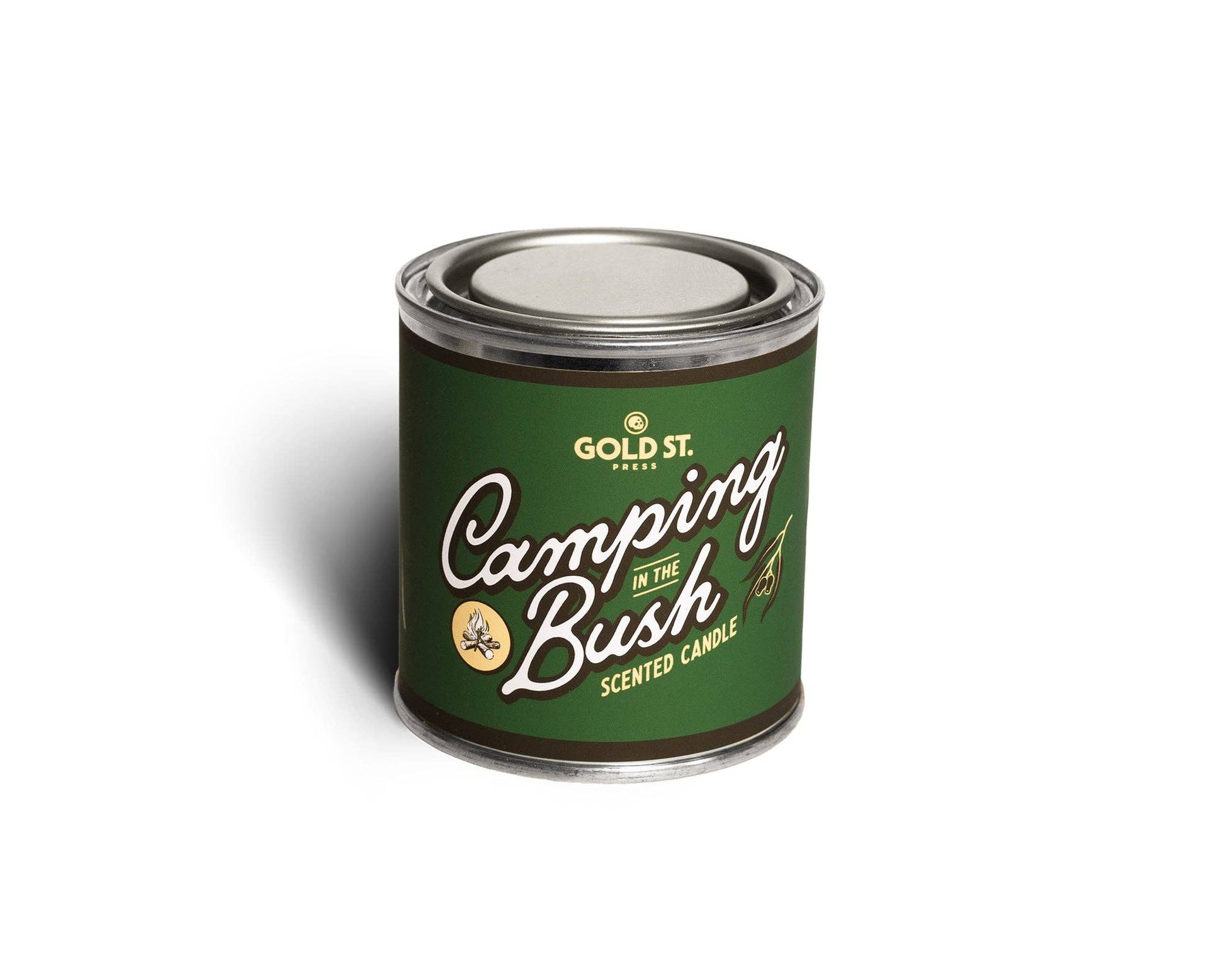 Canned scented candle labeled 'Camping in the Bush' by Gold St. on a white background