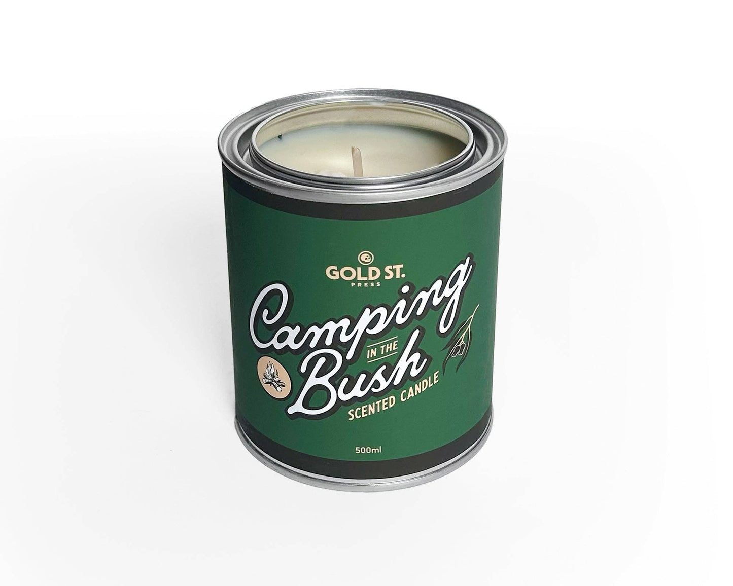 Candle in a green canister with 'Gold St' branding on a white background