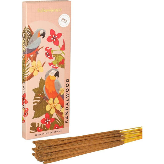 Incense sticks with a colorful box featuring parrots and flowers on a white background