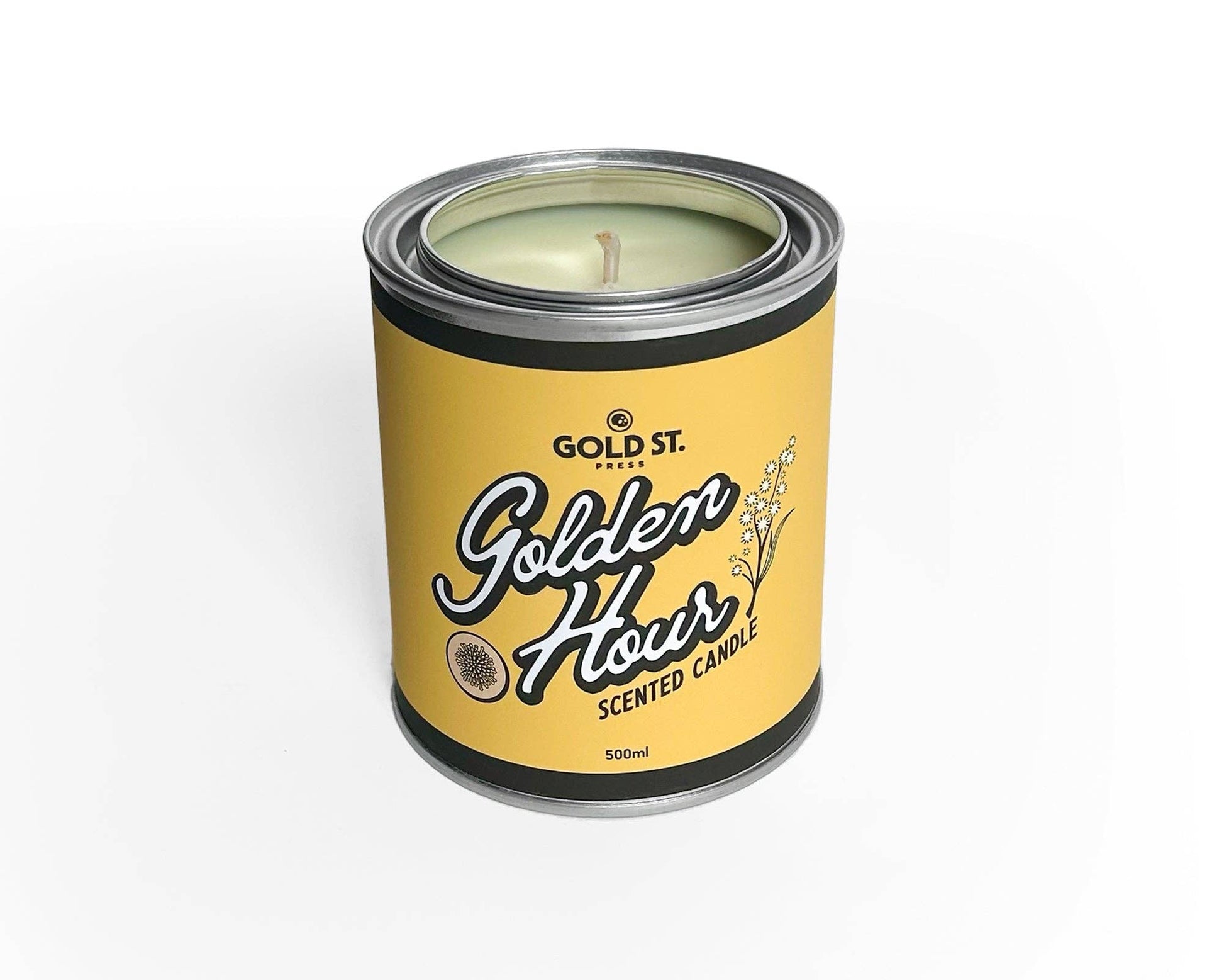 Candle in a can labeled 'Gold St. Co. Golden Hour' on a white background